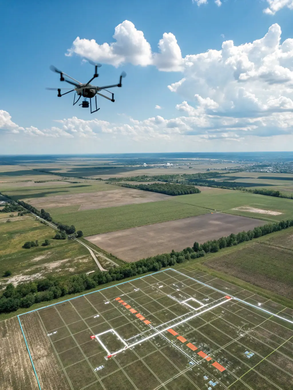 A drone equipped with LiDAR technology performing a land survey in a rural area of Panama, generating precise topographical data.